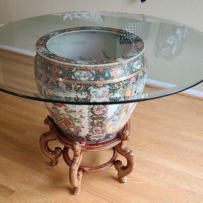 K7: Glass Table on Large Fish Bowl and Stand