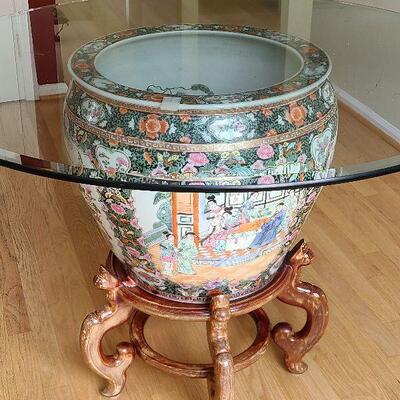 K7: Glass Table on Large Fish Bowl and Stand