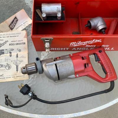 Lot 80 - Vintage Milwaukee Heavy Duty Right Angle Drill and Metal Storage Box