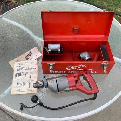 Lot 80 - Vintage Milwaukee Heavy Duty Right Angle Drill and Metal Storage Box