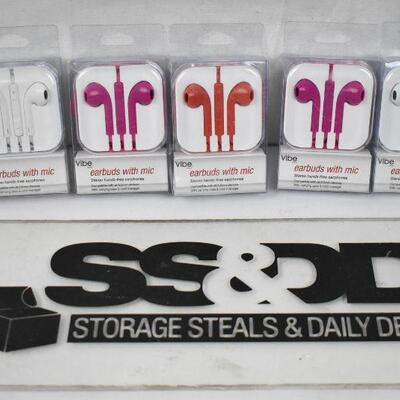 Qty 5 Earbuds with Mic by Vibe: 1 red, 2 pink, 2 white - New