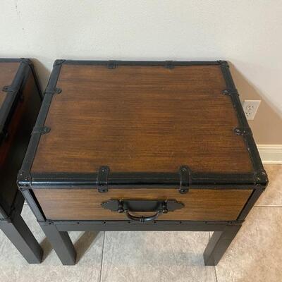 Pair of Wood & Leather Straps Side Tables 