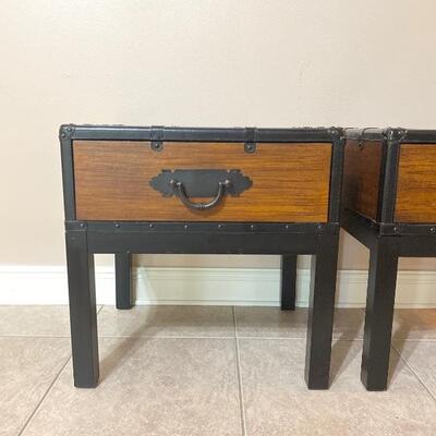 Pair of Wood & Leather Straps Side Tables 