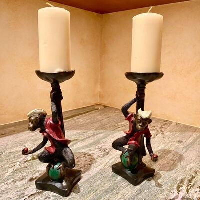 PT3#14  PAIR CONTEMPORARY METAL DRESSED MONKEY FIGURAL CANDLE HOLDERS