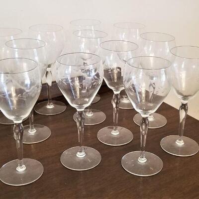 Lot #177  Set of 12 Vintage Etched Wine Glasses