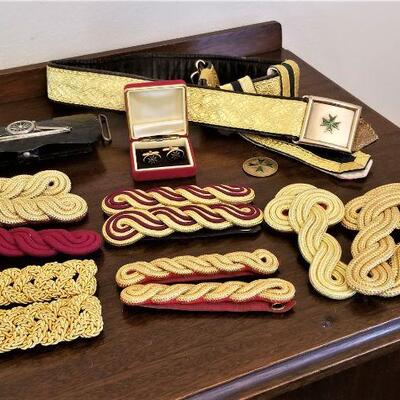Lot #181  MILITARIA lot - Shoulder braids, Knights of Lazarus belt/buckle/cufflinks, antique belt pounch