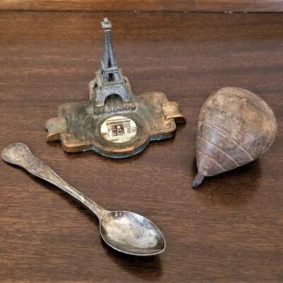 Lot #186 - 3 pieces - Coronation Spoon (1953), Antique Child's Top, 1920's Paris Souvenir
