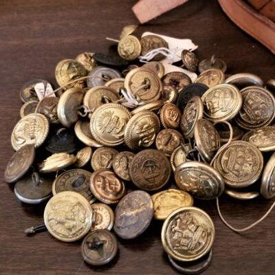 Lot #195  British  Navy Uniform Button Lot + Reenactment Wooden Canteen