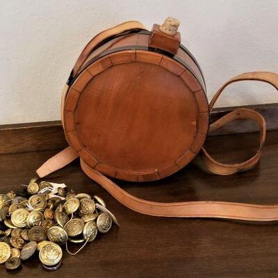 Lot #195  British  Navy Uniform Button Lot + Reenactment Wooden Canteen