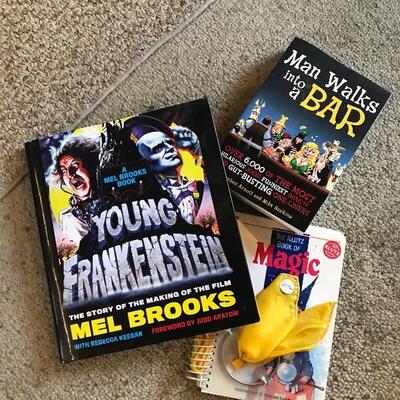 Three Novelty Books: Young Frankenstein, 6000 Jokes, Klutz magic Office Shelf 4