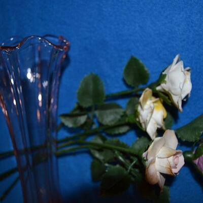 Lot#18 Two Depression Glass Vases, 4 Ceramic Flowers, and a Candle Holder