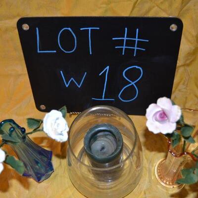 Lot#18 Two Depression Glass Vases, 4 Ceramic Flowers, and a Candle Holder
