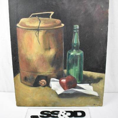 Painting by William S. Linton. Still life jug, bottle, etc. Sketches on the back