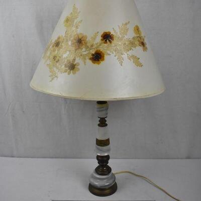 Vintage Lamp, Metal and Stone Base with Dried Flowers on the Shade. Works