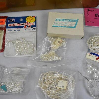 Lot of White Ribbon & White Pearl Beads, etc in Vintage plastic box