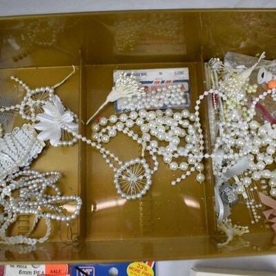 Lot of White Ribbon & White Pearl Beads, etc in Vintage plastic box