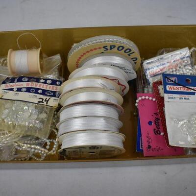 Lot of White Ribbon & White Pearl Beads, etc in Vintage plastic box