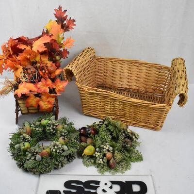 4 pc Fall Decor: 2 Baskets, 2 candle wreaths