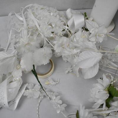 White Ribbon & Floral Items in Green Bin (3 gallons)
