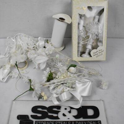 White Ribbon & Floral Items in Green Bin (3 gallons)
