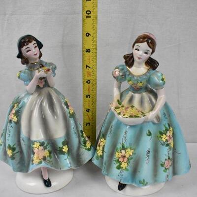 2 pc Figurines, Girls in Blue Dresses by Napco Japan. 1 repaired as shown