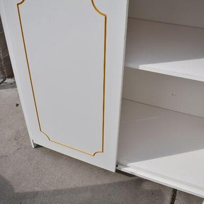 Large White Cabinet with Yellow Accents, 2 inside shelves, damaged hinges