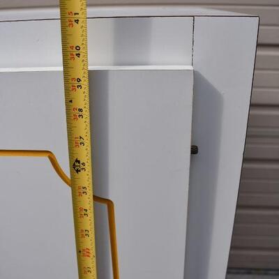 Large White Cabinet with Yellow Accents, 2 inside shelves, damaged hinges