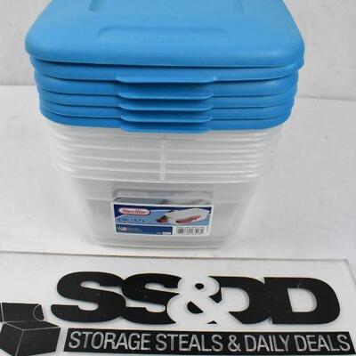 6 Sterilite Bins, clear with turquoise lids, 6 qts each