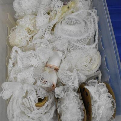 2 bins of white craft lace, beads, ribbon, etc (blue lids)