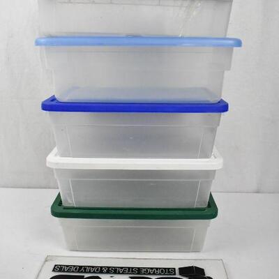 5 pc Plastic Storage Bins, Shoebox Size. Clear with lids. Needs cleaning