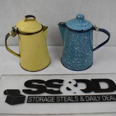 Vintage Metal Coffee/Tea Pots. 1 yellow 1 blue