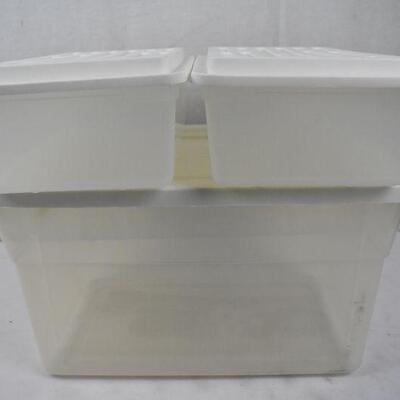 3 pc Storage Bins, White & Clear. 2 shoe box size, One 4.5 gallons