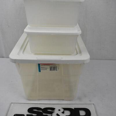 3 pc Storage Bins, White & Clear. 2 shoe box size, One 4.5 gallons