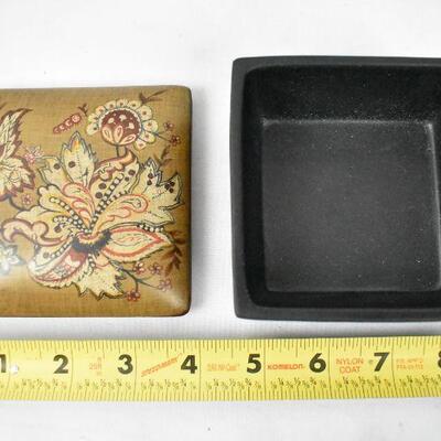 Small Jewelry Box/Trinket Box with Lid. Black, Brown, Red Floral