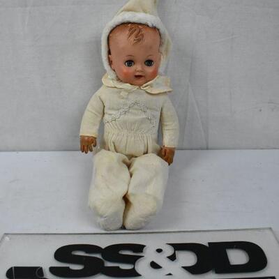 Vintage Doll, plastic. Green Eyes, Cream Outfit. Needs cleaning