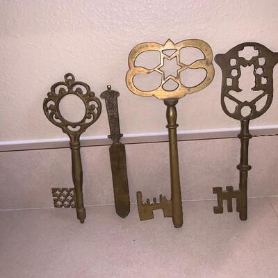 3 brass keys with oriental letter opener 