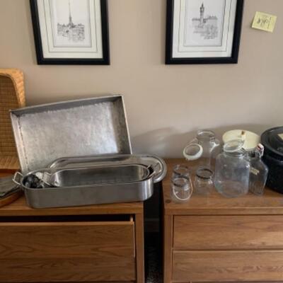 Cookware—pots, large fish poacher, glassware, syrup bottles, basket, etc.