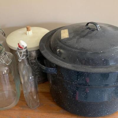 Cookware—pots, large fish poacher, glassware, syrup bottles, basket, etc.