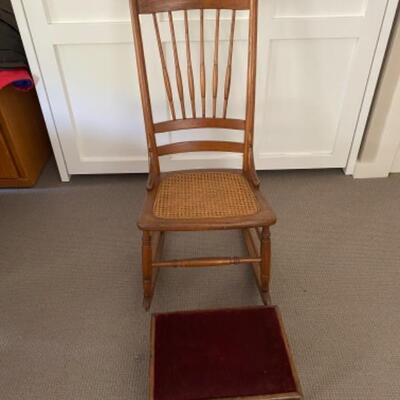 47. Vintage oak rocker with cane seat and foot stool