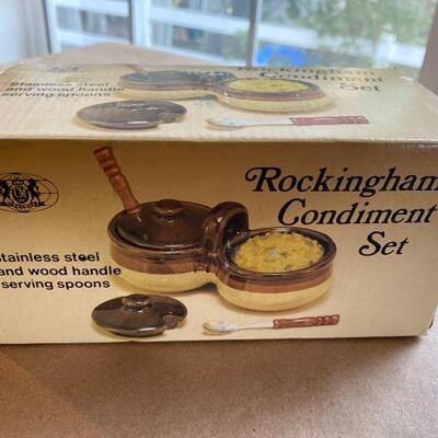 New in box condiment set  porcelain and Wood Mid Century