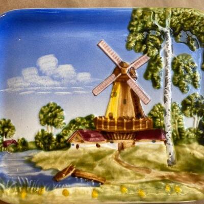 Windmill scene high relief painted German porcelain  plate ready to hang