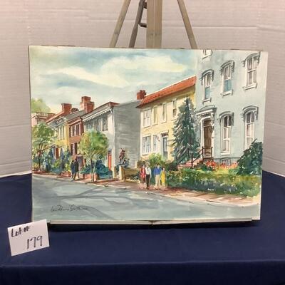 E - 179 Jean Ranney Smith Original Watercolor Painting on Board  “ Group Stroll “ 1981
