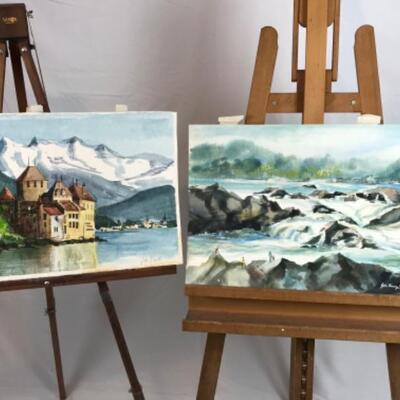 D - 187 Jean Ranney Smith Original Watercolor Paintings “Lakeside Home” “River Rapids”