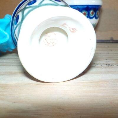 Cobalt Hobnail dish with Marble eggs and holder.
