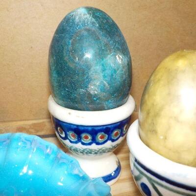 Cobalt Hobnail dish with Marble eggs and holder.