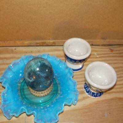 Cobalt Hobnail dish with Marble eggs and holder.