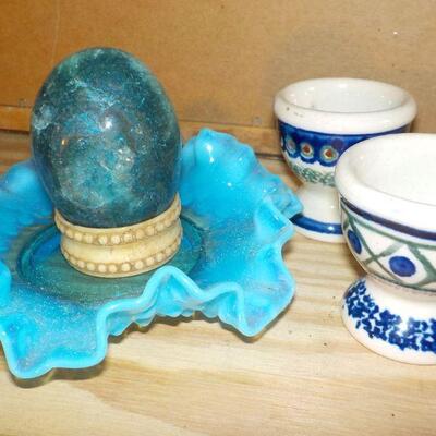Cobalt Hobnail dish with Marble eggs and holder.