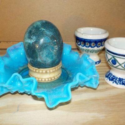 Cobalt Hobnail dish with Marble eggs and holder.