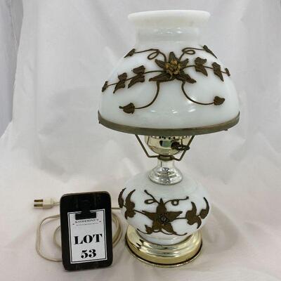 .53. Electric Milk Glass and Bronze Flower GWTW Lamp
