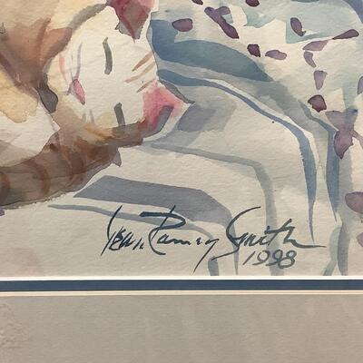 E - 197 Jean Ranney Smith Signed, Original Floral / Cat  Watercolor Painting “ Cat Nap “  1998